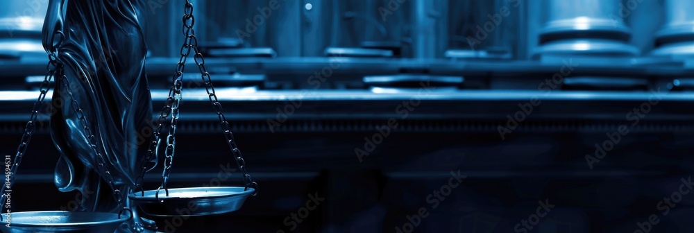 Statue of Justice with scales in front of a blurred courtroom background. The image is predominantly blue, highlighting the legal and judicial theme. Statue of Justice with scales in front of a blurred courtroom background. The image is predominantly blue, highlighting the legal and judicial theme.