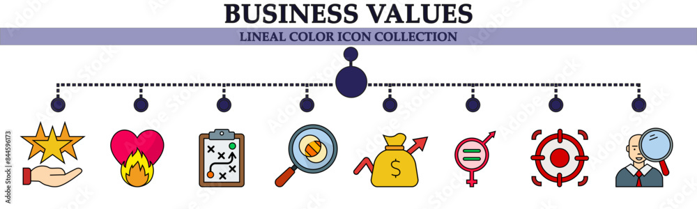 Business values lineal color icon collection. With icon of revenue, candidate, target, good service, enthusiasm, strategy, magnifying glass. For sign, symbol, infographics or presentation Business values lineal color icon collection. With icon of revenue, candidate, target, good service, enthusiasm, strategy, magnifying glass. For sign, symbol, infographics or presentation