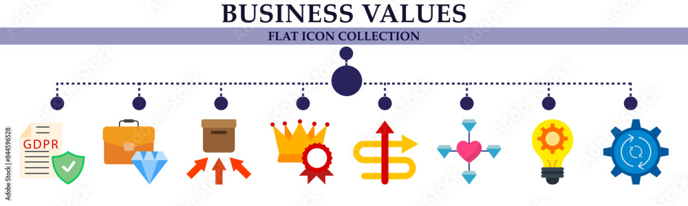 Business values flat icon collection. With icon of crown, think management, inner box, briefcase, arrows, gear, page guard. For sign, symbol, infographics, presentation or web graphics Business values flat icon collection. With icon of crown, think management, inner box, briefcase, arrows, gear, page guard. For sign, symbol, infographics, presentation or web graphics