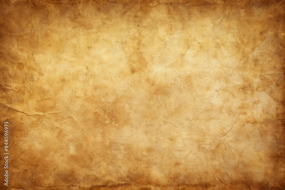 Fototapeta premium Old brown paper parchment background with distressed vintage stains and ink spatter and white faded shabby center, elegant antique beige color