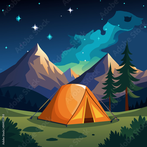  tent under a starry sky. Beautiful Milky Way. vector illustration