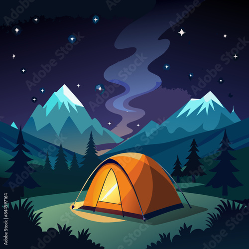  tent under a starry sky. Beautiful Milky Way. vector illustration