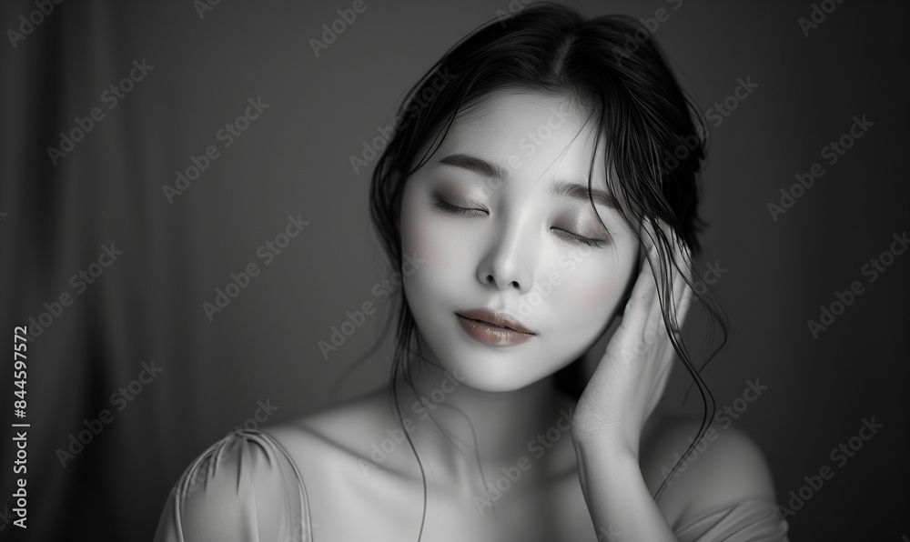 Young Asian model with closed eyes and natural makeup in black and white portrait. Studio portrait. Fashion and beauty concept for design and print Young Asian model with closed eyes and natural makeup in black and white portrait. Studio portrait. Fashion and beauty concept for design and print
