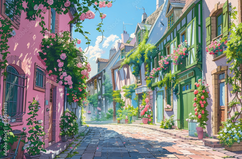 street with pastel pink and green buildings, ivy covered walls, roses in full bloom, clear blue sky