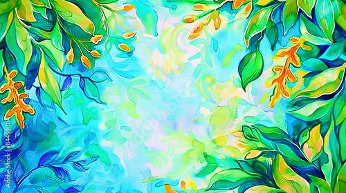 Blue and Green Floral Background with Yellow Accents, Watercolor Style