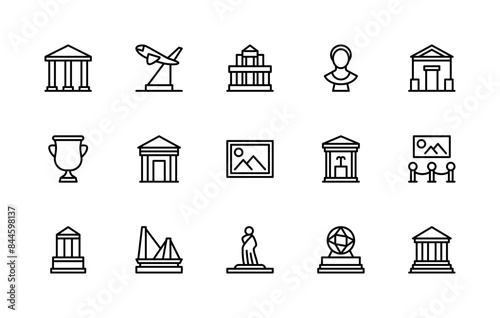 Museum vector linear icons set. Collection contains such icons as archeology, architecture, sculpture, paintings and more.