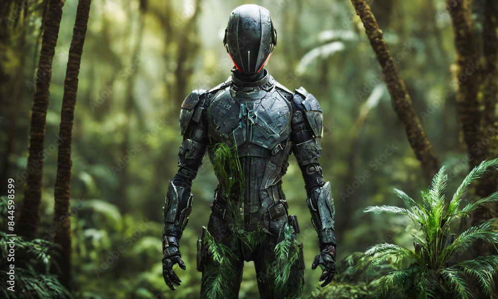 Fototapeta premium Creative Project, Advanced Humanoid Robot Covered in Moss in Dense Forest, AI, Nature, Sci-Fi, Robotics