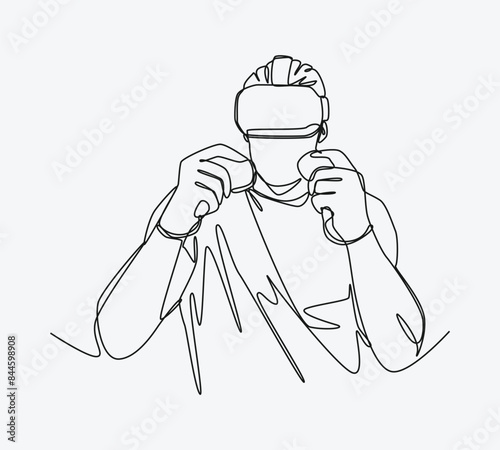 Continuous one line drawing of guy using virtual reality headset and playing boxing, fighting, action game. Editable line. Graphic illustration.