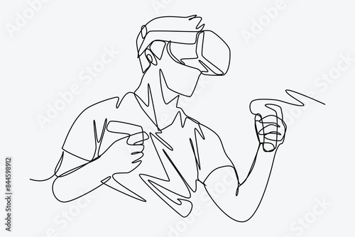 Continuous one line drawing of guy using virtual reality headset and playing boxing, fighting, action game. Editable line. Graphic illustration.