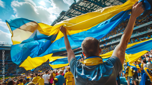 Back view of football, soccer Ukrainian fans cheering on their team in a crowded atmospheric stadium. UEFA EURO 2024 national team competition.