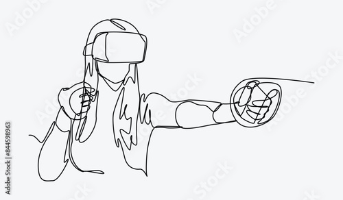 Continuous one line drawing of girl using virtual reality headset and playing game. Editable line. Graphic illustration.