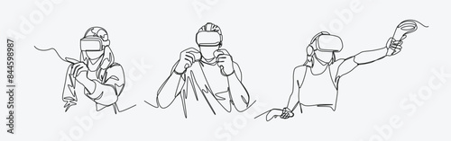 Set continuous line drawing of different people using vr headset. playing game, learning, watching with virtual reality. Editable line. Graphic illustration.