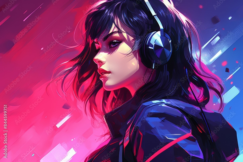 Stunning artwork of a girl in headphones with neon pink and blue hues Stunning artwork of a girl in headphones with neon pink and blue hues