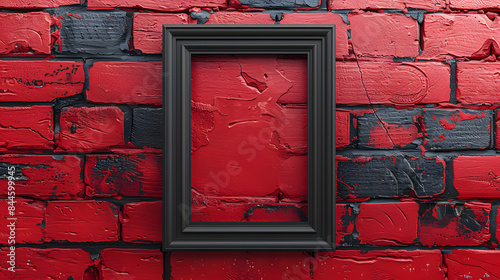 a mockup featuring a black frame displayed on a striking red brick wall creating a bold and contrasted backdrop for showcasing designs or artwork with a touch of urban chic 