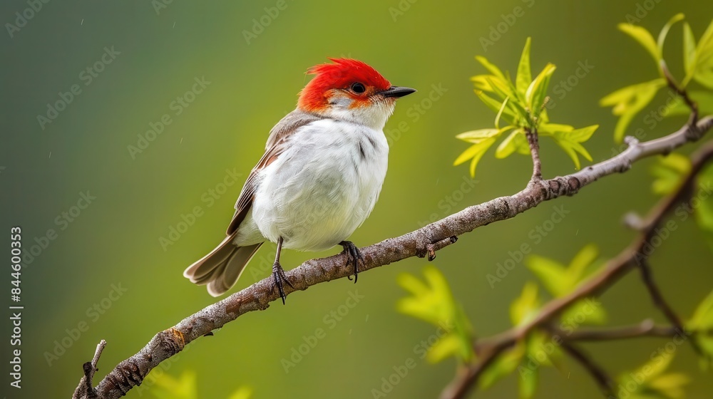 adorable small bird with red head and white body perched on branch facing right nature photography