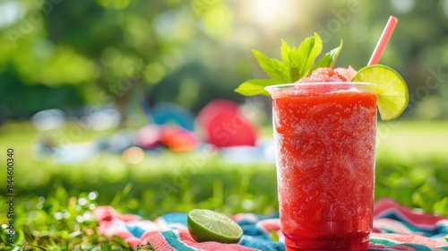Refreshing red slushy drink with visible ice crystals, garnished with a lime wedge and a sprig of mint, served in a clear plastic cup with a blue and white striped straw