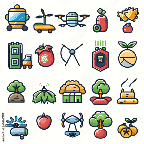 Agritech and Sustainable Farming Icons Agri-tech tools (drone, smart irrigation, sensor) Sustainable farming