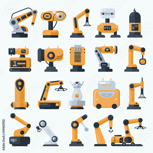 Automation and Robotics Icons Industrial robots (robotic arm, assembly line, automated factory) Service robots (robot vacuum, delivery robot, AI assistant) Drones-7