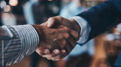 businessmen shaking hands sealing successful deal after office meeting photo