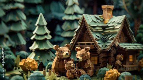 Goldilocks and the Three Bears Goldilocks discovered by the bears in their cottage,3D paper style, photo