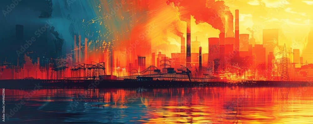 Industrial skyline smokestacks pollution reflection fiery sunset