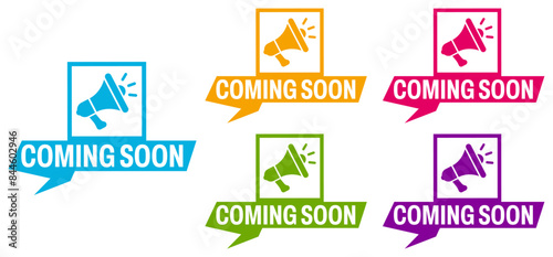 set coming soon icon label. upcoming product sign symbol design vector illustration