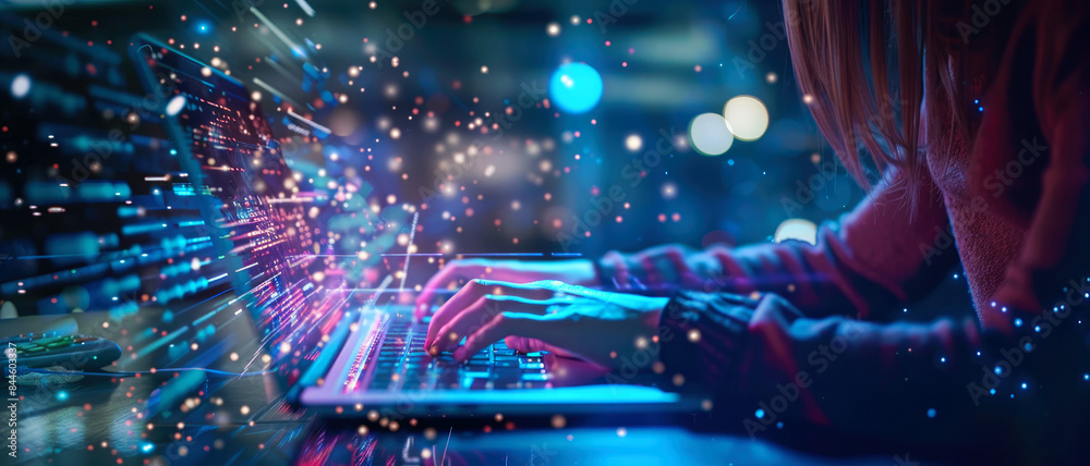 Young woman works with laptop on abstract data background, view of person and digital lights. Theme of computer technology, privacy, network, cyber security, hack Young woman works with laptop on abstract data background, view of person and digital lights. Theme of computer technology, privacy, network, cyber security, hack
