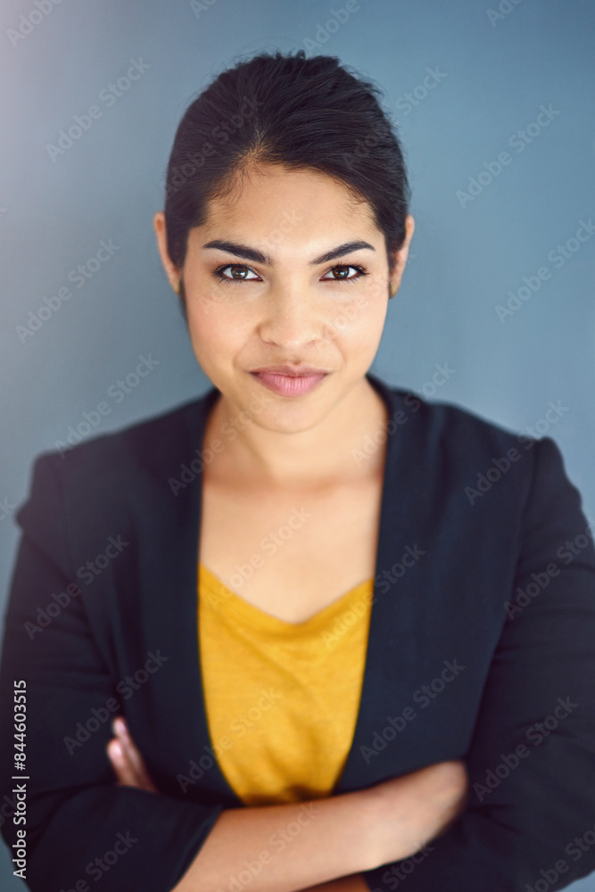 Business woman, portrait and crossed arms in studio on gray background for career, job and work. Employee, positive and confident lawyer for pride, professional and corporate ambition with goals Business woman, portrait and crossed arms in studio on gray background for career, job and work. Employee, positive and confident lawyer for pride, professional and corporate ambition with goals