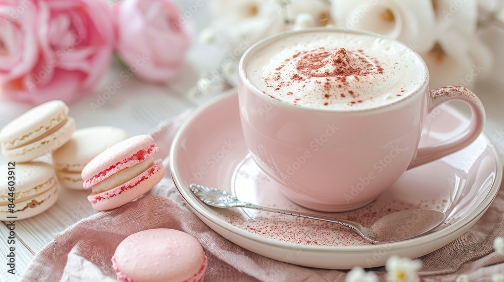 Cappuccino pink cup on the table with pink macarons Cappuccino pink cup on the table with pink macarons
