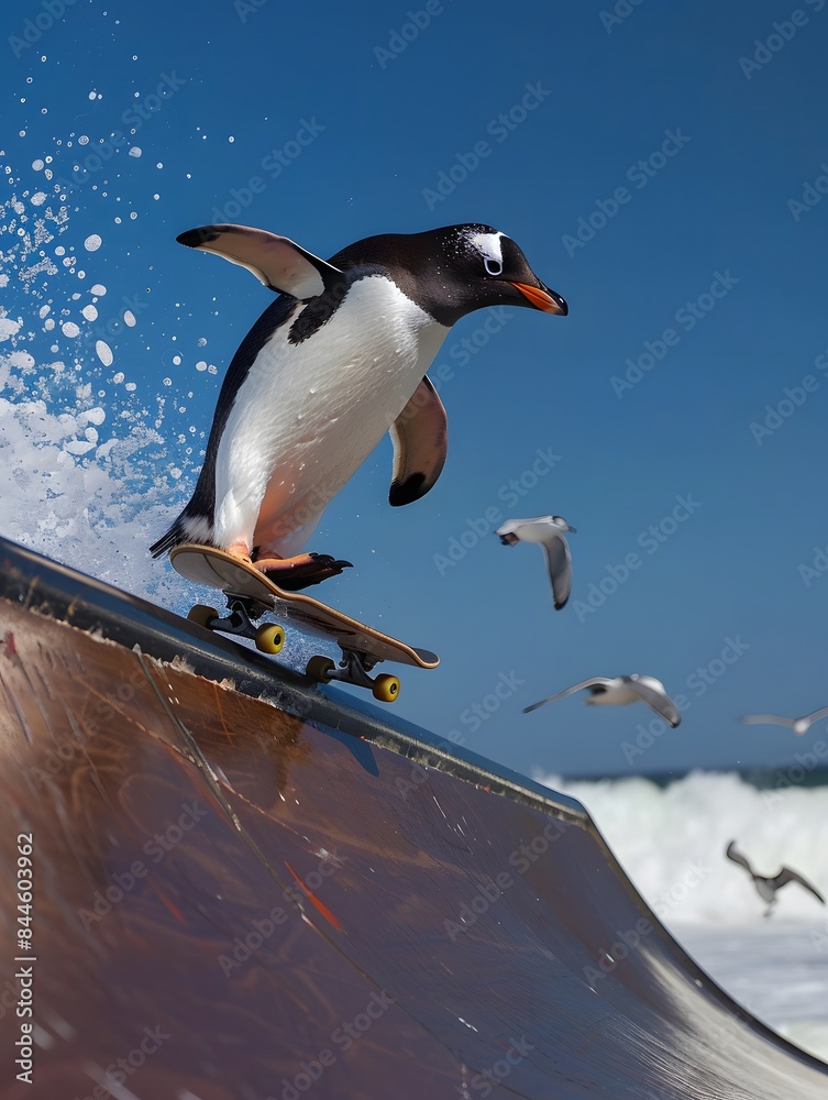 Obraz premium Illustration of Penguin performing an impressive trick on a skate ramp, ocean waves crashing nearby, clear blue sky. Ai Generate.