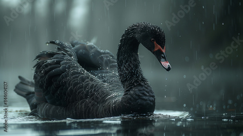 Graceful black swan on the water, beautiful lighting.