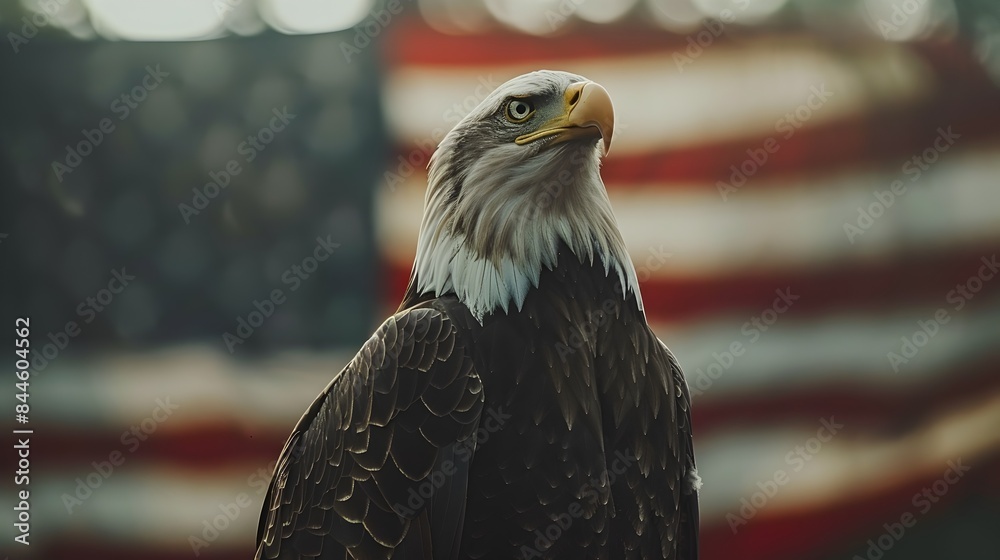 Naklejka premium Majestic Eagle with Waving American Flag for Independence Day