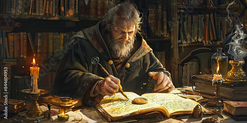 Sorcerer's Script: The Art of Rune-Making in Wizardry - An image showcasing a wizard meticulously crafting runes with a magical quill, each stroke imbuing the rune with potent magical properties, illu