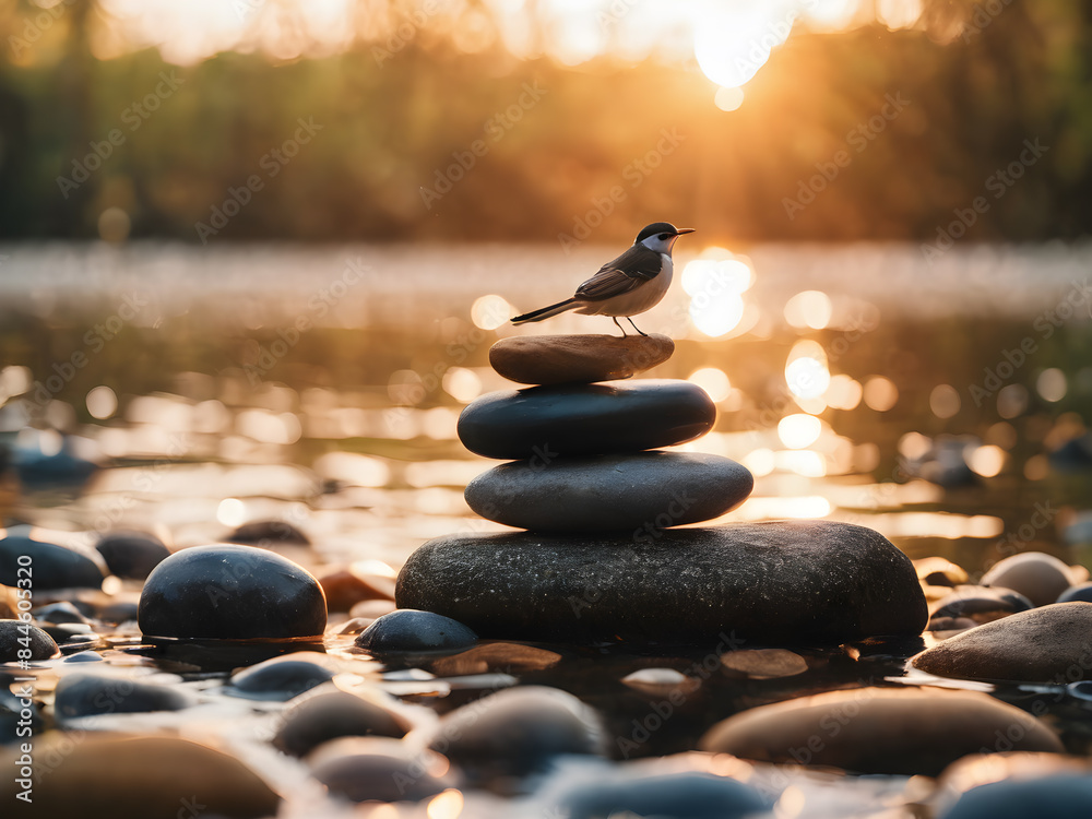 custom made wallpaper toronto digitalBird and Balanced stones stack in water with reflection. AI generated image, ai. Balanced stones stack in water.