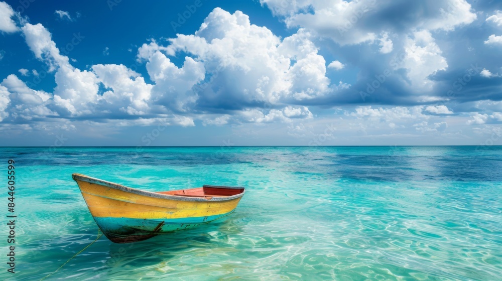 Naklejka premium Boat in turquoise ocean water against blue sky with white clouds and tropical island