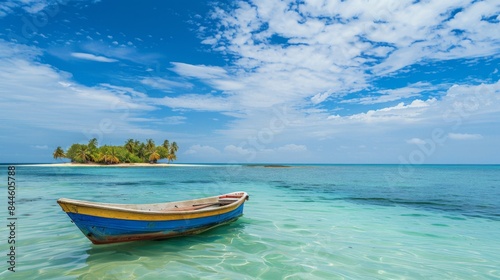Boat in turquoise ocean water against blue sky with white clouds and tropical island