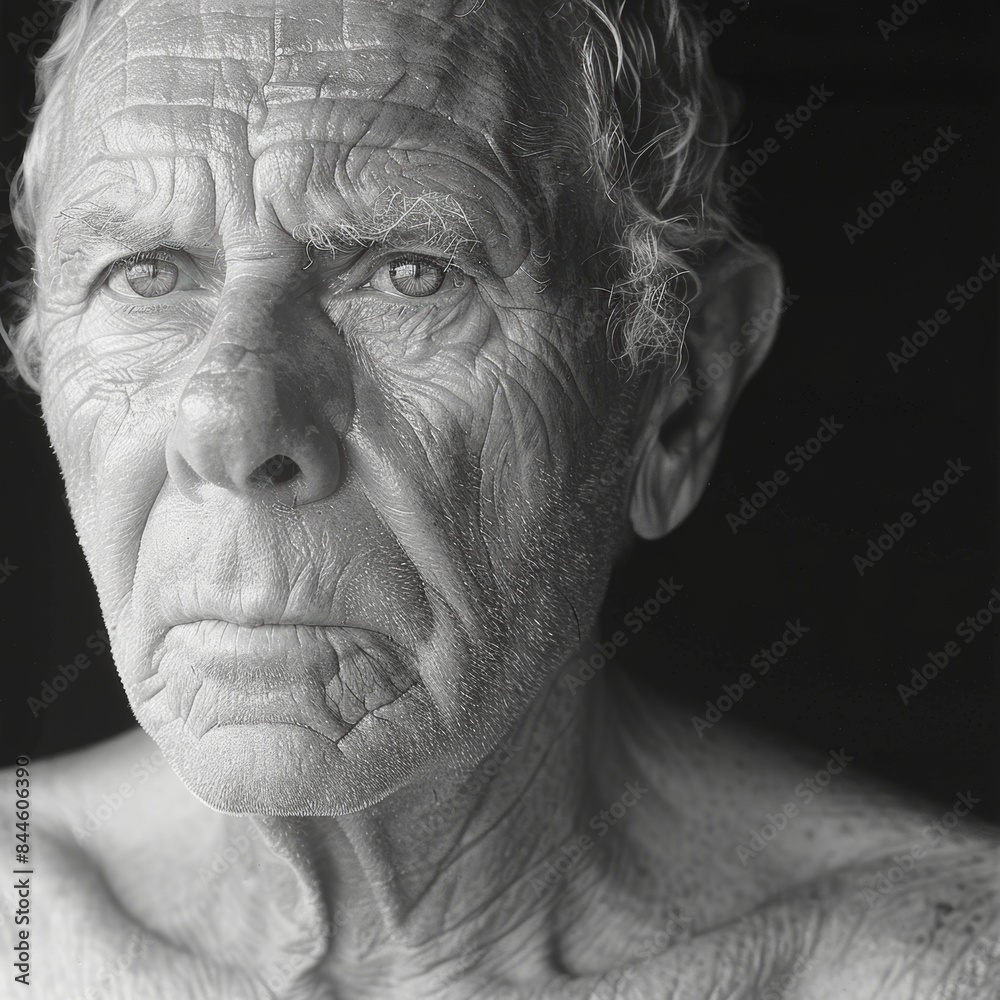 A close-up portrait of an elderly man with awrinkled face andwhite hair. The man is looking at the camera with a serious expression. Isolated on a dark background A close-up portrait of an elderly man with awrinkled face andwhite hair. The man is looking at the camera with a serious expression. Isolated on a dark background