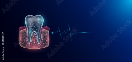 Gum teeth human organ anatomy in form style polygon low poly futuristic and pulse wave glowing. Medical science template banner with empty space for text. Vector EPS10 illustration.
