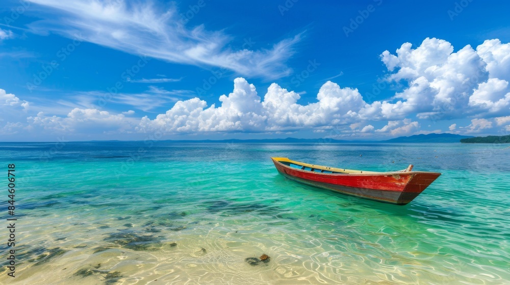 Boat in turquoise ocean water against blue sky with white clouds and tropical island Boat in turquoise ocean water against blue sky with white clouds and tropical island