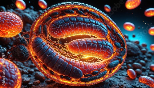 A mitochondrion in the cell glowing with internal energy for generate adenosine triphosphate (ATP), powerhouse of the cell.  photo