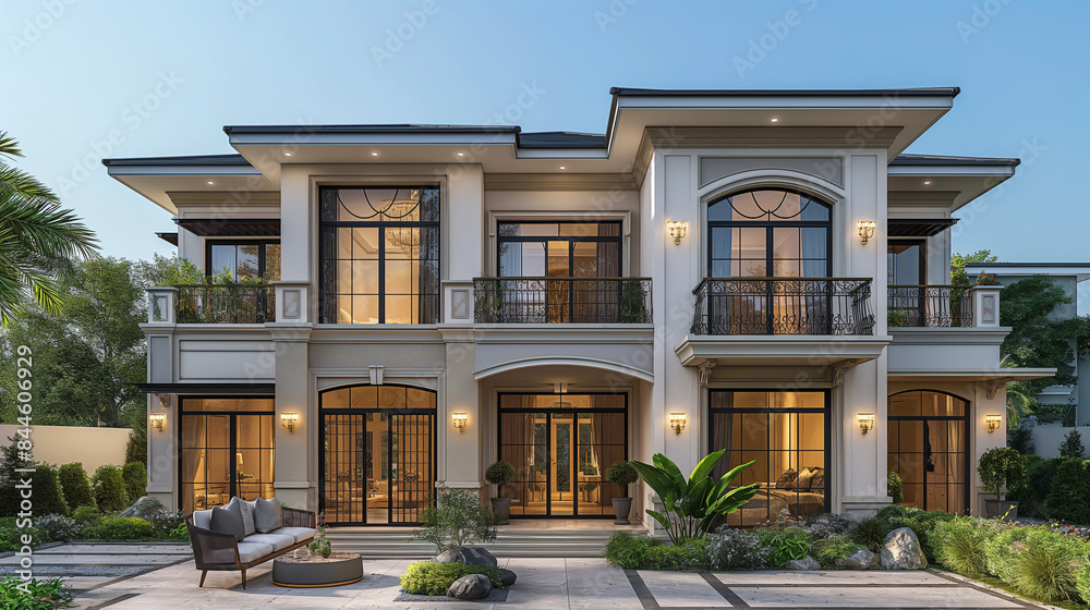 a narrow two storey house with juxtaposition of cube and balcony, neoclassical architecture with luxury and clean visual aesthetics, a narrow two storey house with juxtaposition of cube and balcony, neoclassical architecture with luxury and clean visual aesthetics,