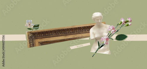 Collage banner with antique marble statue and frame and flowers. Green chinese paper texture background. Vintage cover for beauty blog. Female grunge rococo trendy style.