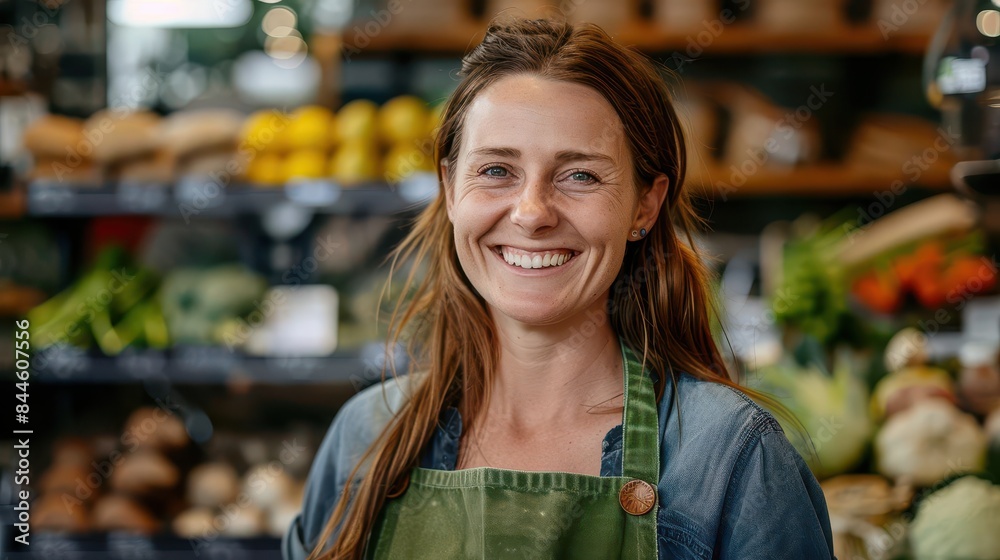 friendly young woman in green apron smiling at camera in modern farmers market shop small business portrait friendly young woman in green apron smiling at camera in modern farmers market shop small business portrait