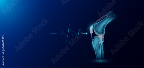 Knee joint bone human organ skeleton anatomy in form style polygon low poly futuristic and pulse wave glowing. Medical science template banner with empty space for text. Vector EPS10 illustration.