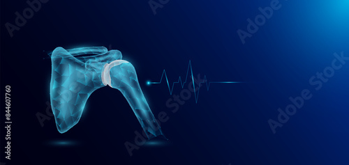 Shoulder joint bone human organ skeleton anatomy in form style polygon low poly futuristic and pulse wave glowing. Medical science template banner with empty space for text. Vector EPS10 illustration.