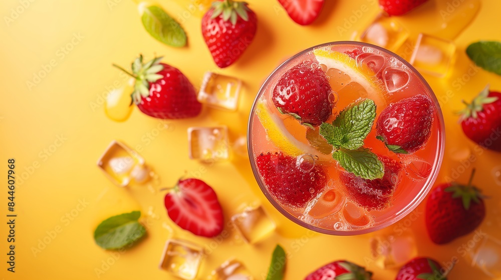 Aerial View of Refreshing Strawberry Lemonade with Mint and Ice Cubes Yellow Background Aerial View of Refreshing Strawberry Lemonade with Mint and Ice Cubes Yellow Background