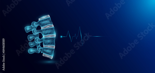 Spine joint bone human organ skeleton anatomy in form style polygon low poly futuristic and pulse wave glowing. Medical science template banner with empty space for text. Vector EPS10 illustration.