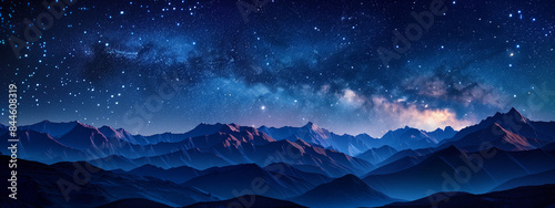 Beautiful blue starry sky at mountains. Night colorful landscape. Starry sky with hills at summer. Beautiful Universe. Space background with galaxy. Travel background, Banner