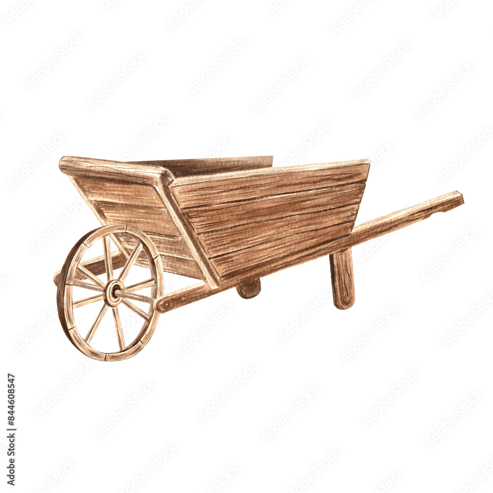 Wooden cart with wheel. Timber barrow for farm. Hand drawn watercolor illustration isolated. Rustic wheelbarrow. Garden equipment for harvest. Clip art for sticker, scrapbooking, invitation, card. Wooden cart with wheel. Timber barrow for farm. Hand drawn watercolor illustration isolated. Rustic wheelbarrow. Garden equipment for harvest. Clip art for sticker, scrapbooking, invitation, card.