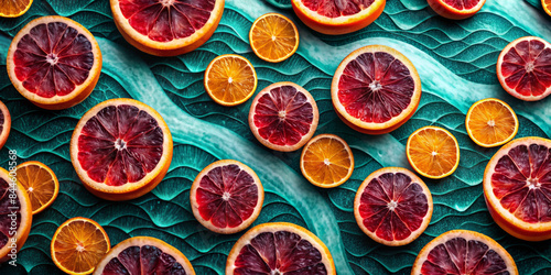 Sliced ​​citrus fruits,oranges and blood oranges, neatly arranged on a textured green surface, mimic the appearance of waves.Bright colors of the fruit slices contrast with the deep blue background.AI photo